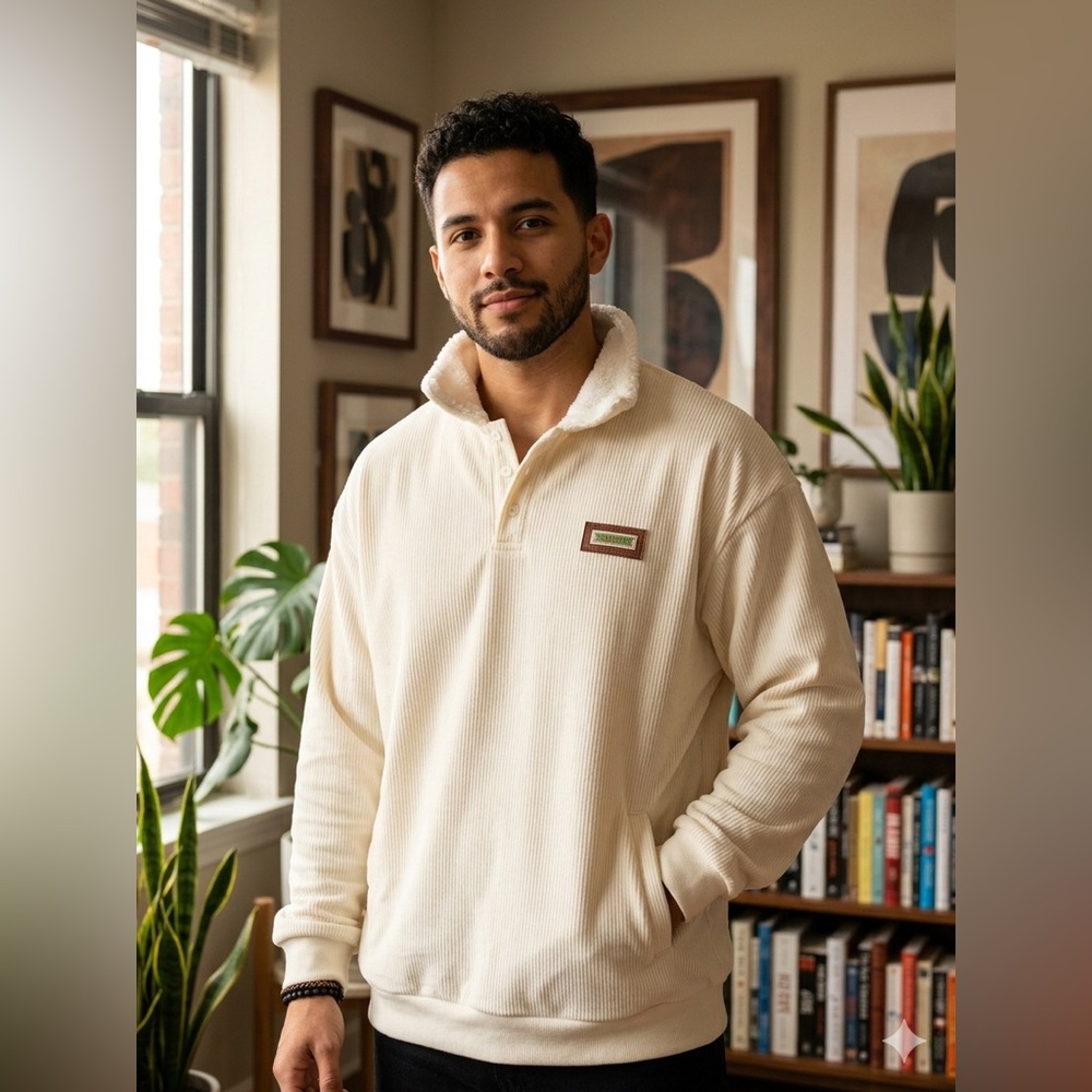Cream Sherpa-Collar Pullover with‎ Chest Patch